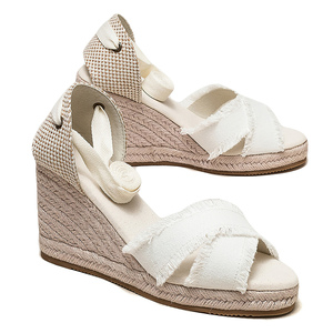<span class=keywords><strong>Sandalias</strong></span> <span class=keywords><strong>de</strong></span> cuña <span class=keywords><strong>de</strong></span> lona blancas con borde deshilachado para mujer, con punta abierta, plataforma trenzada y atado <span class=keywords><strong>al</strong></span> <span class=keywords><strong>tobillo</strong></span>, zapatos <span class=keywords><strong>de</strong></span> verano - Product Image 2