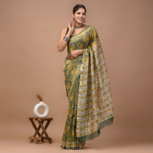 Sari en soie Chanderi pure imprimé à la main avec pièce de blouse – Sari élégant en soie Chanderi pure – Vêtement ethnique imprimé à la main - Product Image 1