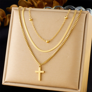 Gold Plated Multi Layer Clavicle <b>Chain</b> <b>Cross</b> Pendant Stainless Steel Necklace Unisex Fashion Jewelry - Product Image 1