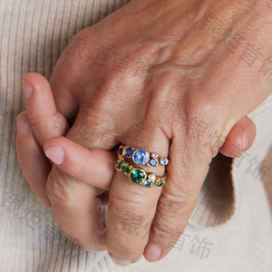 LOZRUNVE 925スターリングシルバー ジルコン 18金ゴールドプレーテッド バーメイル ハンマードベゼル ブルークリスタルリング - Product Image 4