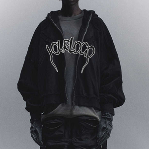 Custom Logo 100 Percent Cotton Raw Edge Zip up Hoodie Men Deconstructed Patchwork Cropped Hooded <b>Jacket</b> <b>Gothic</b> Streetwear Coat - Product Image 4