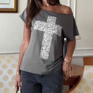 Asymmetric Contrast Color Cross Rivet Short Sleeve T-<b>Shirt</b> Street Style Sexy Fashion Casual Top - Product Image 3