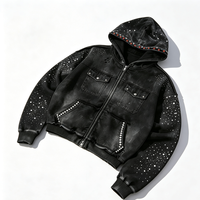 Sweat-shirt à capuche zippé en polaire pour homme, en coton brodé, éco-responsable, personnalisé, avec patchwork de rivets à bords bruts et finition effilochée, coupe ample, style streetwear Y2K