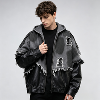 Veste personnalisable en patchwork brut effiloché, bicolore, délavée, zippée, à capuche, style grunge streetwear pour homme