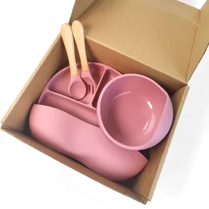 Großhandel Baby Fütterung Geschirr Set Soft Spoon Bpa Free Saug Silikon platte Kleinkind Schüssel Wasserdichte Baby Lätzchen