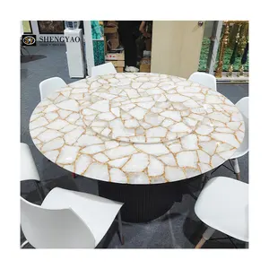 Custom Furniture Round Big White Crystal Quartz Turntable Dining Table Set