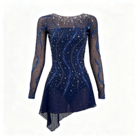 Robe de patinage artistique bleu foncé avec strass, manches longues en maille, costume de performance pour adultes et enfants, tenue de compétition de patinage