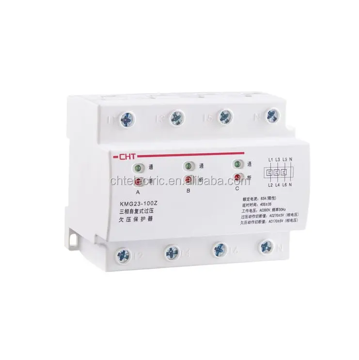 Automatic recovery 3phase 4P din rail over and under voltage protector