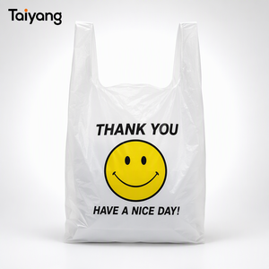 ถุงพลาสติกใสแบบเสื้อยืด HDPE ยี่ห้อ Taiyang แบบใช้แล้วทิ้ง พิมพ์ลายหน้ายิ้ม สำหรับใส่สินค้า - Product Image 1