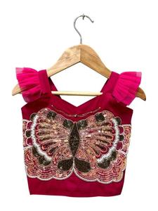 เสื้อทวิชาแบบทอผ้าไร้แขนปักลายพร้อมเลเฮนกาพิมพ์ลาย - สีชมพูและสีเขียว - Product Image 2