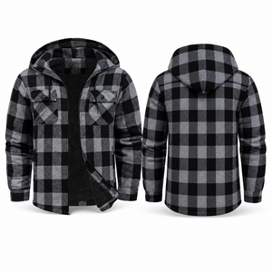 Veste en flanelle à carreaux pour homme avec capuche et poches poitrine, doublure polaire noire, manteau d'hiver décontracté, coupe classique - Product Image 2