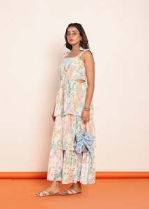 Robe longue imprimée à volants avec découpes latérales à la taille, robe décontractée pour femme en tissu léger, silhouette flatteuse - Product Image 5