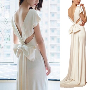 #905 Vintage semplice guaina morbido raso elegante scollo a V aperto indietro Sexy pianura raso manica abito <span class=keywords><strong>da</strong></span> sposa abito <span class=keywords><strong>da</strong></span> sposa con fiocco - Product Image 1