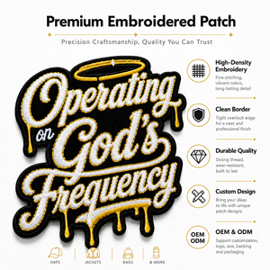 Parches Termoadhesivos Personalizados OEM <span class=keywords><strong>de</strong></span> Alta Calidad con la Frase 'Operating on God's Frequency', Parches Bordados al por Mayor para Gorras, Sudaderas y Accesorios - Product Image 2