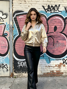 Chaqueta Bomber Dorada Metálica Brillante - Cortavientos Corto con Cuello Alto para Mujer - Product Image 4