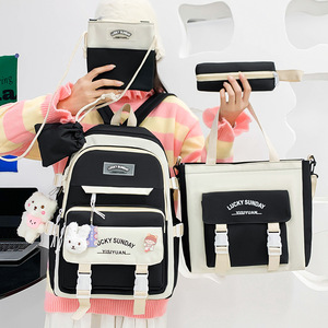 Middle High <b>School</b> & College Female Fashionable Simple Color-Matching Casual Canvas <b>Backpack</b> - Product Image 2