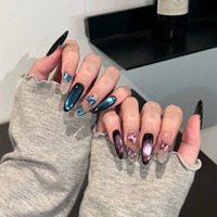 Lot de 10 faux ongles longs ovales en gel, peints à la main, effet AB irisé, réutilisables, style français, motif ciel étoilé de dessin animé