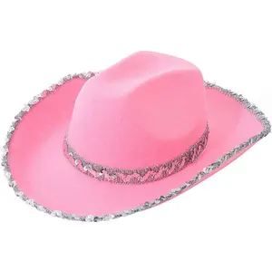 Wholesale Adults Pink Felt Cowgirl Hats Western Style Festival Costume Party Hats Female Sequin Cowboy Hats for Unisex