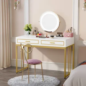 Design moderne et élégant, cette coiffeuse en or et blanc, en panneau MDF de qualité supérieure et avec un cadre en tube d'acier inoxydable. - Product Image 5