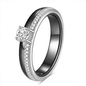 Women's <b>Ceramic</b> <b>Ring</b> 4mm Round Zircon Prong Setting Engagement Jewelry Steel White Black Gold Color - Product Image 3