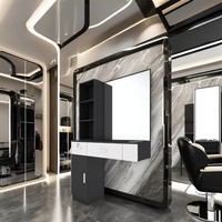 Station de travail moderne pour salon de coiffure masculin avec miroir et meuble en bois – Présentoir King pour magasin de coupe de cheveux