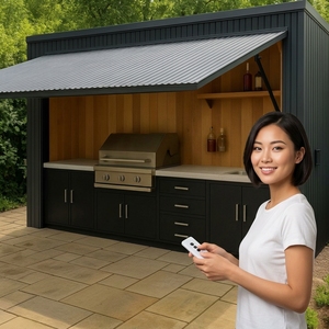 Estación <span class=keywords><strong>de</strong></span> Cocina Exterior <span class=keywords><strong>de</strong></span> Lujo Negra con Mueble <span class=keywords><strong>para</strong></span> Barbacoa, Fregadero, Interior con Paneles <span class=keywords><strong>de</strong></span> Madera, Almacenamiento <span class=keywords><strong>para</strong></span> Parrilla, Estación <span class=keywords><strong>de</strong></span> Cocina Independiente con Control Remoto - Product Image 1