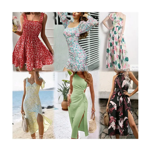 Robe midi décontractée d'été pour femme, col rond, manches courtes, taille élastique, coupe ample, imprimé floral à pois, en coton tissé respirant - Product Image 2