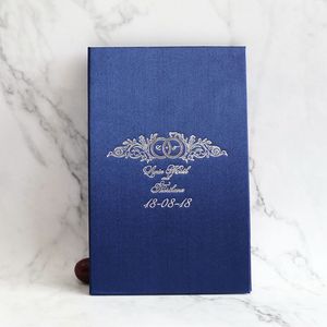 Lujo personalizado frustrado azul marino seda tela cinta Tapa dura plata espejo acrílico Tarjeta de invitación para menú boda negocios - Product Image 2