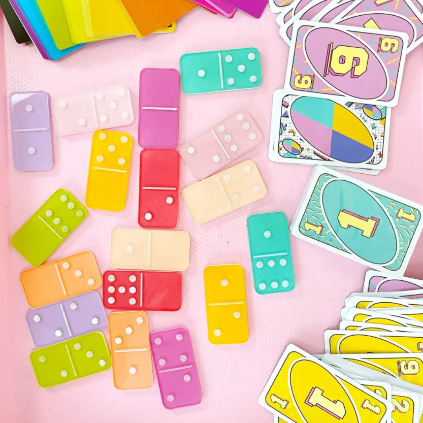 Juego de bloques de dominó acrílicos personalizados para niños, juego de bloques de dominó con sublimación, 9 colores, colorido, 28 unidades