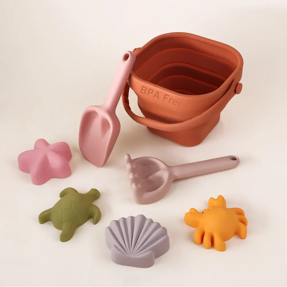 Bambini granchi tartarughe gusci a forma di stella marina Design gioco da te spiaggia secchio di sabbia giocattolo all'ingrosso in Silicone personalizzato spiaggia sabbia giocattoli Set