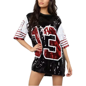 New Design Women's Glitter <strong>Sequin</strong> Jersey Eco-Friendly 3D Embroidery Letter Print Dress Number 13 Half Sleeve Loose <strong>Top</strong> <strong>Party</strong> - Product Image 1