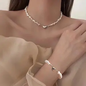 Fashion Choker Magnetic Necklace for Women Heart Pearl Bead Bracelet Bridal Engagement Jewelry Set