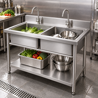 Évier de cuisine professionnel robuste à double bac en acier inoxydable 304 201 pour restaurants