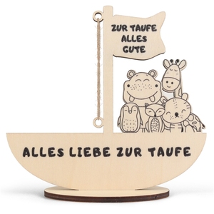 Nouveau porte-monnaie en bois naturel fait main en forme de bateau, motif animal mignon, idéal pour cadeaux de baptême ou de baby shower - Product Image 1