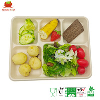 Bandeja de Bagazo Desechable Resistente sin PFAS, con 5 Compartimentos, Sin Blanquear, Compostable (OK Compost, BPI Compostable) para Almuerzos en Cafeterías Escolares