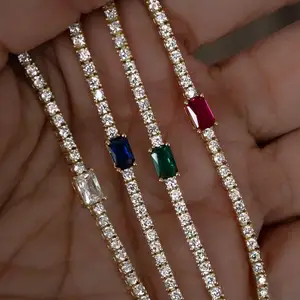925 Sterling Silver Emerald Sapphire Ruby 2MM White CZ Tennis Bracelet