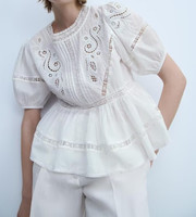 Chemise à manches courtes brodée en dentelle ajourée à col rond style romantique nouvelle collection printemps-été 2025 MYST&ZA pour femme 5107046