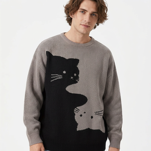 Pull en tricot pour homme avec motif de chat, design de personnage imprimé sur le devant, manches régulières, style automne 2027 - Product Image 1