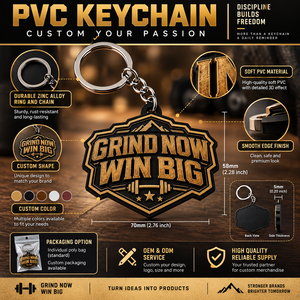 Llavero de PVC Grind Now Win Big, Forma Irregular, Estilo Vintage, Impresión en Relieve, Resistente, Regalo Promocional, Fabricación OEM ODM - Product Image 4