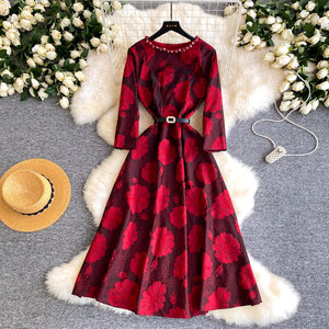 Abiti da Donna per Ufficio, <span class=keywords><strong>Vestito</strong></span> <span class=keywords><strong>Rosso</strong></span> Floreale con Cristalli, Linea A, <span class=keywords><strong>Maniche</strong></span> <span class=keywords><strong>Lunghe</strong></span>, Cintura, Elegante e Aderente, Primaverile - Product Image 2