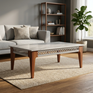 Table basse moderne du milieu du siècle avec rangement, plateau en stratifié blanc, pieds en bois, meubles de salon - Product Image 2