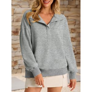 Custom <b>Womens</b> Knitted Oversized Sweatshirt Long Sleeve Snap Button <b>Henley</b> Neck Loose Fit Casual Pullover <b>Top</b> Autumn Wear - Product Image 2