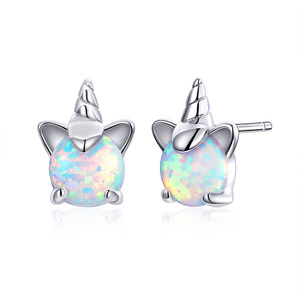 <span class=keywords><strong>Bamoer</strong></span>-pendientes de plata de primera ley con forma de unicornio para mujer, aretes pequeños, plata esterlina 925, Ópalo, hipoalergénico, fiesta, SCE737 - Product Image 1