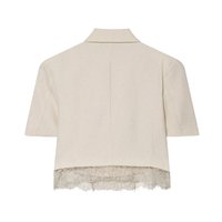 Blazer court décontracté pour femme, couleur beige, col cranté, bouton unique, bordure en dentelle, manches courtes, tendance