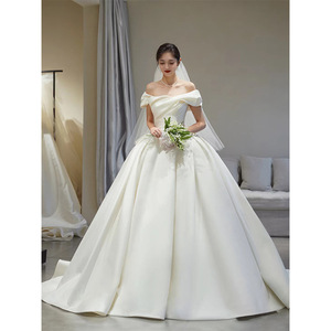 Off-Shoulder Satin Wedding Dress White Floor-Length With Train Natural Waistline Sweetheart Neckline Spring Style - Product Image 1