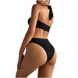 Women Black Halter <b>Bikini</b> <b>Set</b> High Cut Bottom Bandeau Top Hollow Out Stretch Swimwear - Product Image 1