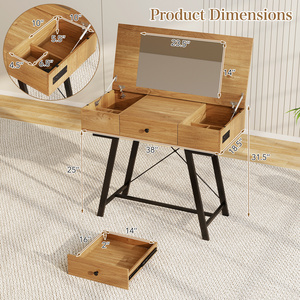Table de maquillage moderne en bois avec miroir relevable, prise électrique intégrée, gestion des câbles, trous de rangement, bureau compact avec tiroirs - Product Image 2