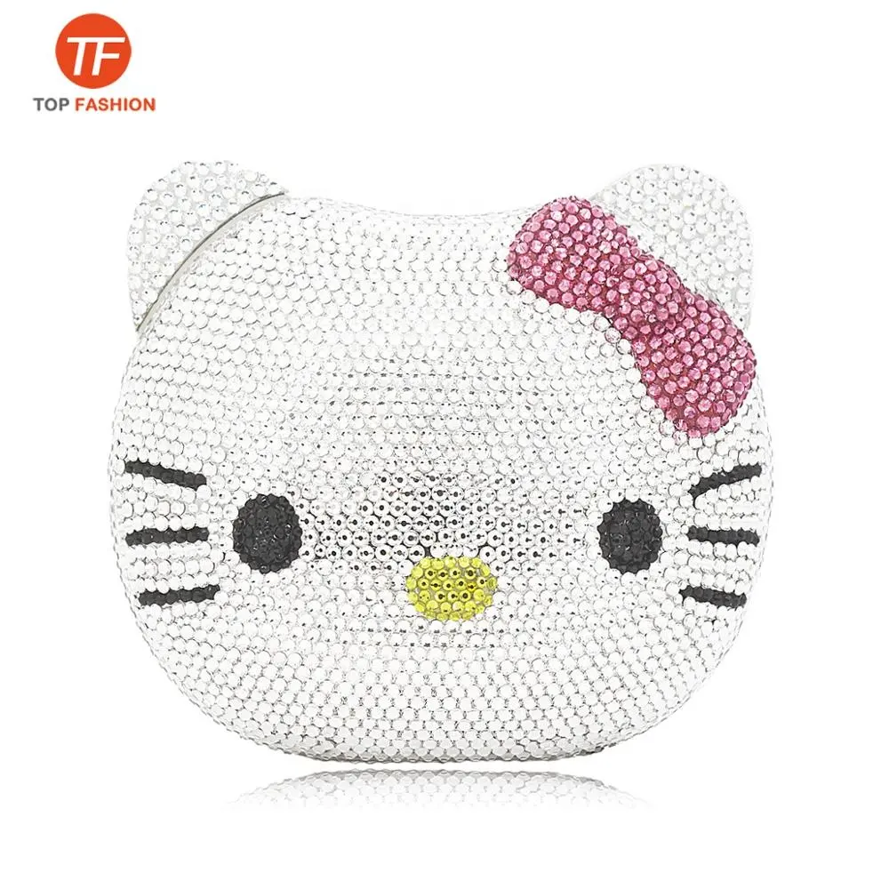 China Fabriek Groothandel Luxe Volledig Crystal Strass Clutch Avondtasje Voor Formele Party 3D Kitty Portemonnee