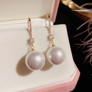 Pave Brillant CZ Pierre Crochet D'oreille Nouveaux Produits Or Grande Perle Unique Boucles D'oreilles pour Dame - Product Image 4