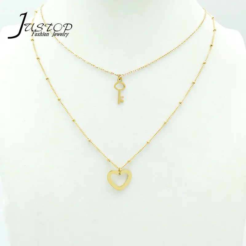 Wholesale Fashion Multi Chain Women Stainless Steel Necklace Jewelry Gold Heart Necklace Key Necklace